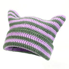 Women’s Hand Knitted Striped Cat Hat – Cute Warm Winter Beanie